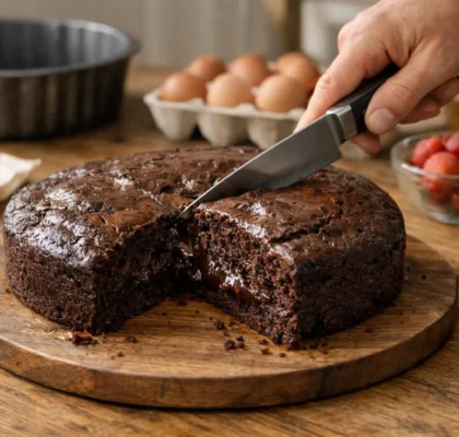 Gâteau au chocolat recette facile : un gâteau moelleux et appétissant coupé dans une cuisine