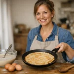 Recette facile pâte à crêpes, femme préparant des crêpes dans une cuisine chaleureuse