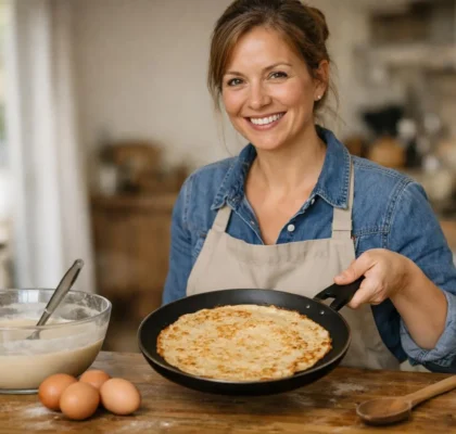 Recette facile pâte à crêpes, femme préparant des crêpes dans une cuisine chaleureuse