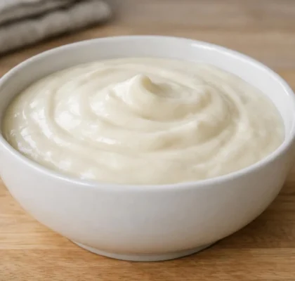 Sauce béchamel maison, facile à préparer, dans un bol en céramique.