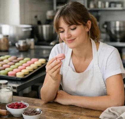 Pâtissière préparant des macarons dans une cuisine professionnelle