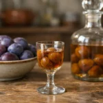 Prunes à l'eau de vie maison dans un verre à digestif sur une table en bois rustique.