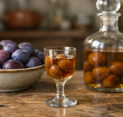 Prunes à l'eau de vie maison dans un verre à digestif sur une table en bois rustique.
