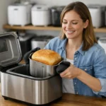 Machine à pain cuve inox avec pain frais sur un plan de travail en bois dans une cuisine