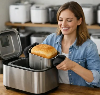 Machine à pain cuve inox avec pain frais sur un plan de travail en bois dans une cuisine