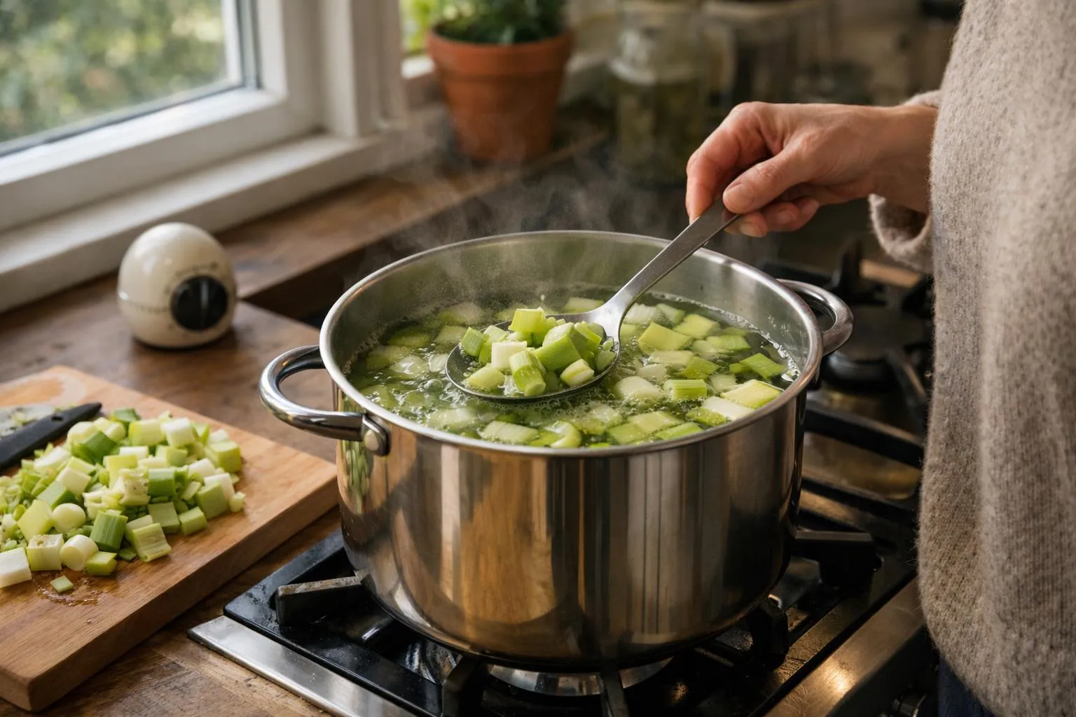 Cuisson de poireaux à l'eau dans une casserole, étape par étape pour une texture parfaite.