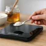 "Conversion de cl en gramme pour une cuisine précise, avec une balance numérique et des ingrédients frais"