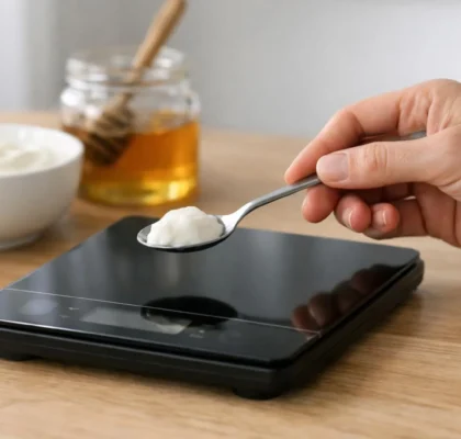 "Conversion de cl en gramme pour une cuisine précise, avec une balance numérique et des ingrédients frais"