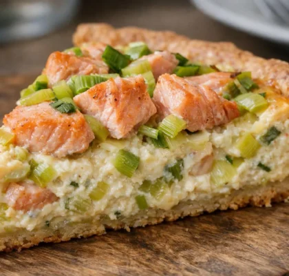 Quiche saumon frais poireaux fait maison, tranche de quiche avec saumon et poireaux.