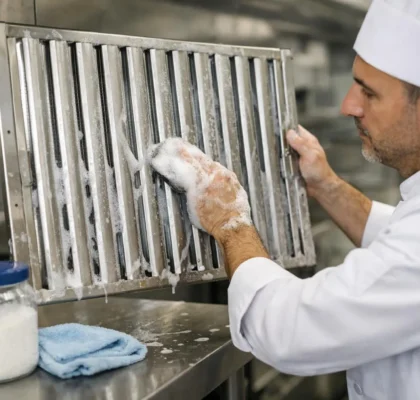 Grille de hotte professionnelle inoxydable en cuisine commerciale, nettoyage par un chef.