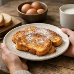 Recette facile pain perdu 5 étapes pour un dessert savoureux Pain perdu facile sur une assiette, avec sucre glace et ingrédients, cuisine maison