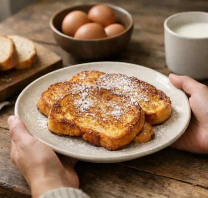 Pain perdu facile sur une assiette, avec sucre glace et ingrédients, cuisine maison