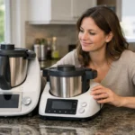 Femme comparant Thermomix et Monsieur Cuisine dans une cuisine moderne