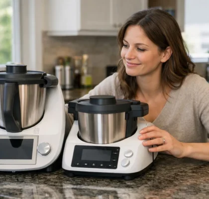 Femme comparant Thermomix et Monsieur Cuisine dans une cuisine moderne