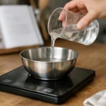 "Femme qui utilise une balance de cuisine pour convertir des centilitres en grammes, avec un verre doseur et un livre de rece