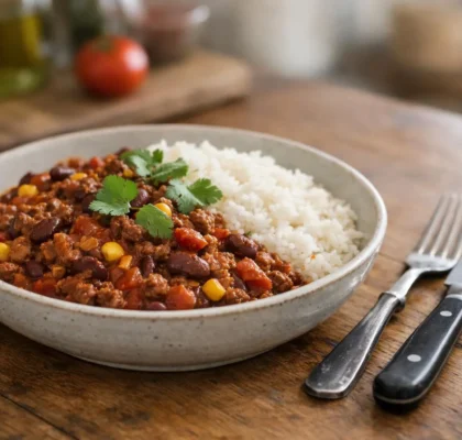 Recette chili con carne facile, préparation de chili con carne dans une assiette creuse avec riz et coriandre fraîche.