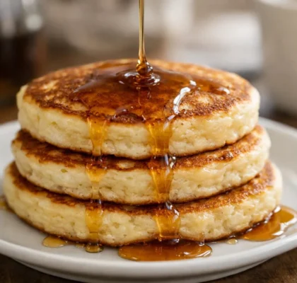 "Pancakes moelleux et épais avec sirop d'érable, petit-déjeuner américain"