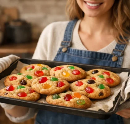 Cookies gummy moelleux et chauds sur un plateau, cuisine rustique.