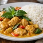 "Poulet au curry thaïlandais frais servi avec riz vapeur et basilic"