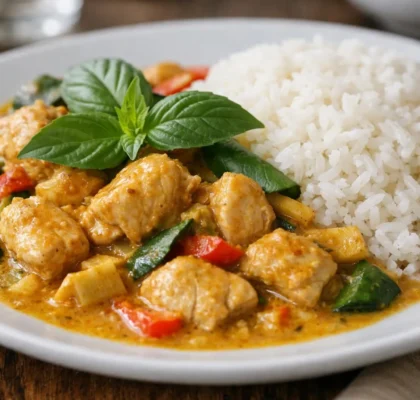 "Poulet au curry thaïlandais frais servi avec riz vapeur et basilic"