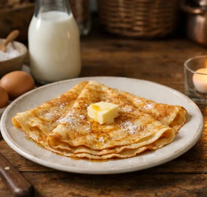 Crêpes dorées sur assiette dans cuisine traditionnelle française pour une Chandeleur réussie