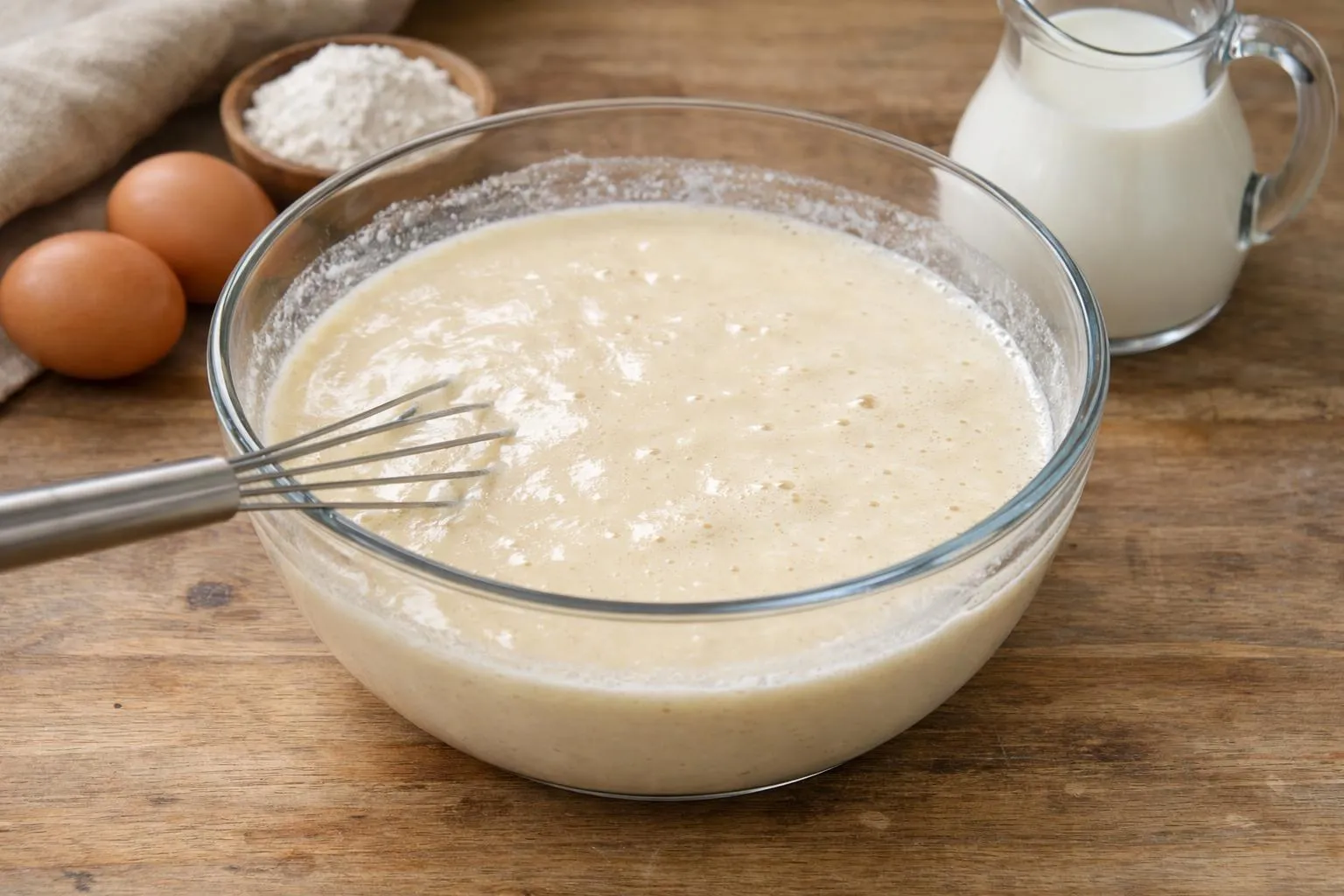 Gros plan d'un bol transparent contenant de la pâte à crêpes avec quelques petits grumeaux visibles, posé sur un plan de travail en bois clair avec des œufs cassés et un verre de lait à proximité, lumière naturelle douce créant des reflets sur la surface de la pâte, ambiance cuisine familiale chaleureuse, angle à 45 degrés, mise au point nette sur les grumeaux dans la pâte