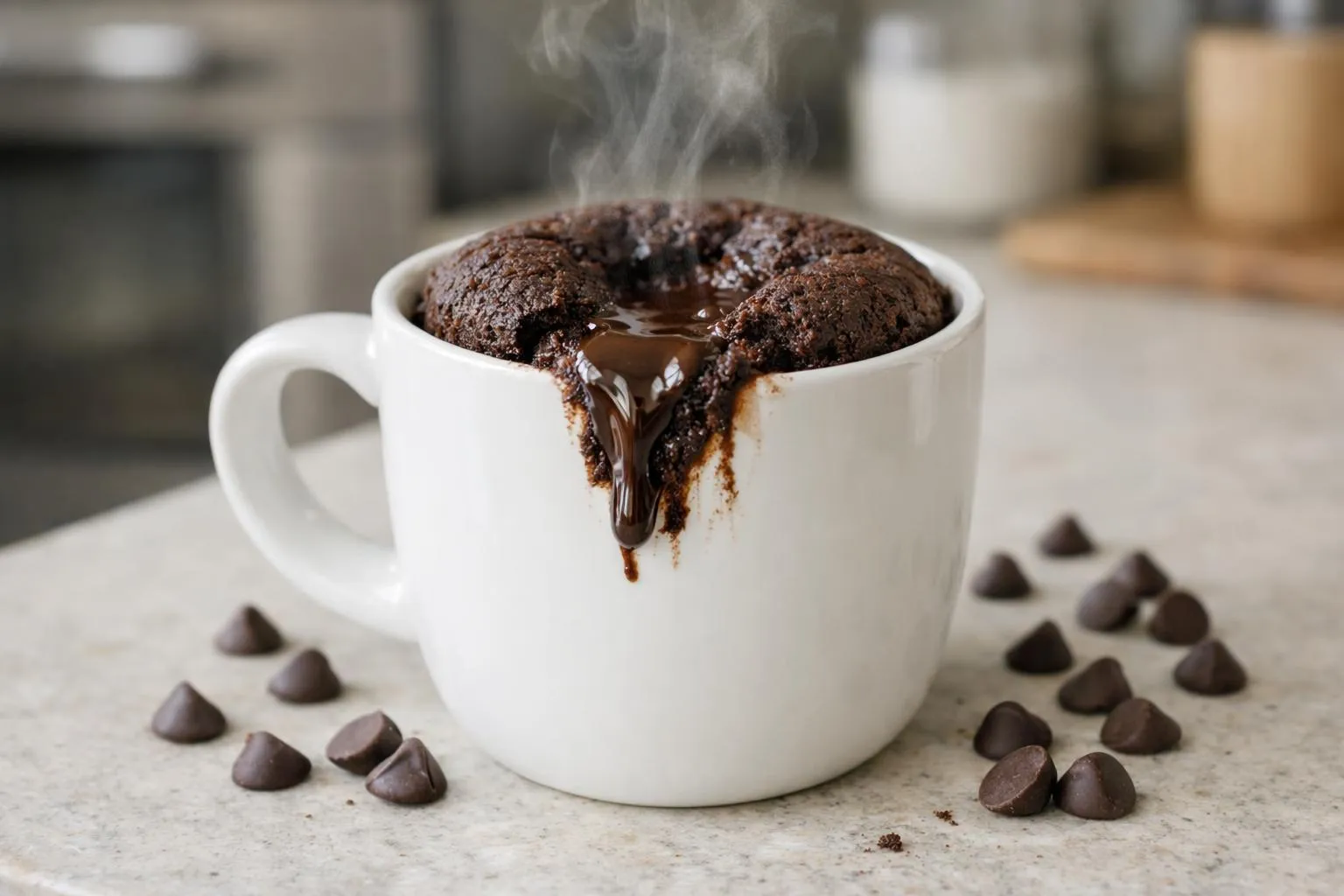 Gros plan sur un mug en céramique blanche contenant un gâteau au chocolat fondant fraîchement sorti du micro-ondes, cœur coulant visible avec une cuillère qui perce le dessert, vapeur légère s'échappant, quelques pépites de chocolat fondu autour du mug, arrière-plan flouté montrant une cuisine moderne et chaleureuse, lumière naturelle douce créant une ambiance gourmande et réconfortante, angle 45 degrés, mise au point nette sur le chocolat coulant