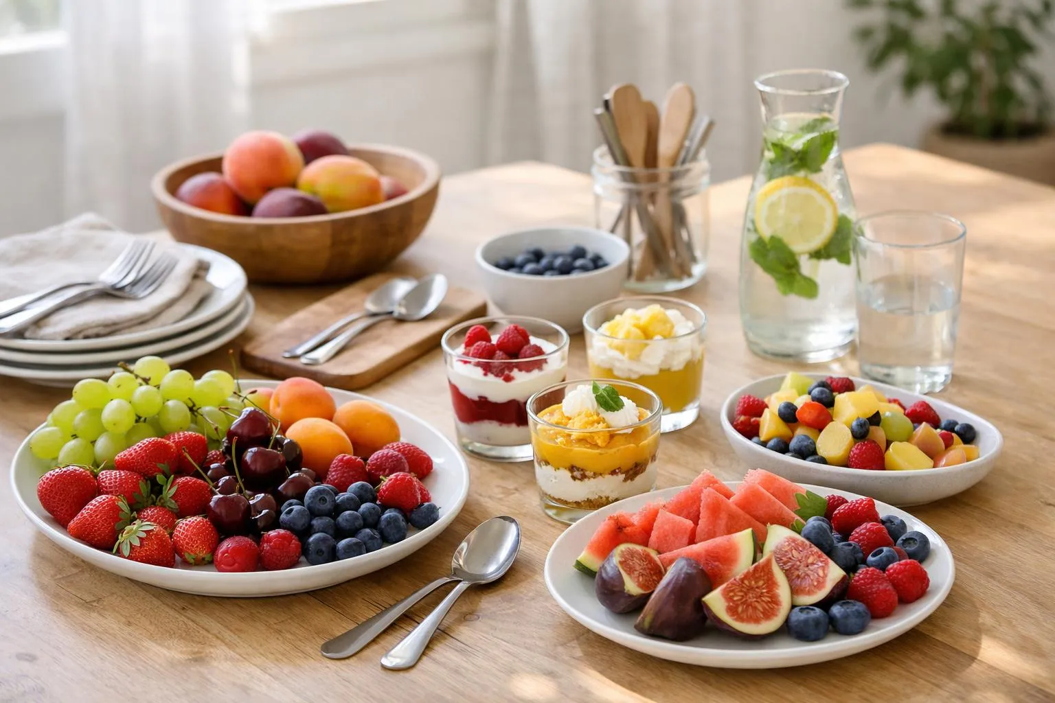 Vue en plongée d'une table de cuisine ensoleillée avec des fruits d'été variés (fraises, framboises, pêches, abricots) disposés dans des bols en céramique blanche, accompagnés de verrines transparentes vides et d'ustensiles de préparation simples, lumière naturelle douce filtrant par une fenêtre, ambiance estivale et conviviale, style photographique réaliste et chaleureux