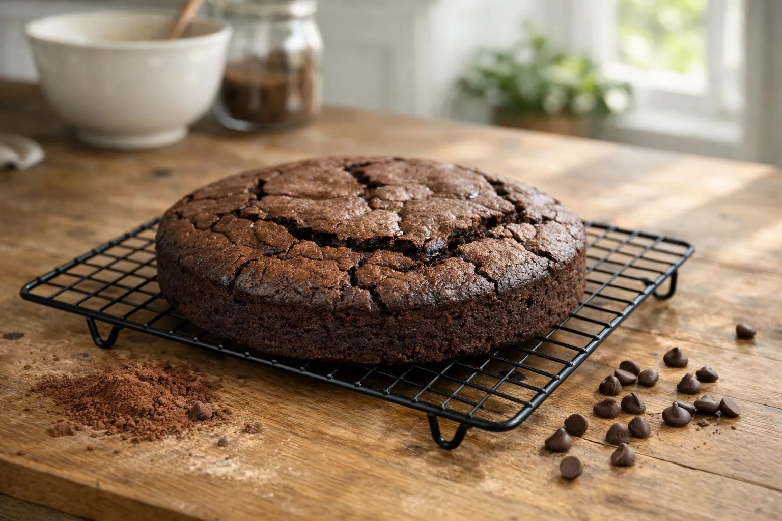 Close-up view of a freshly baked chocolate cake cooling on a wire rack in a bright home kitchen, rich dark brown color with slightly cracked top revealing moist interior, wooden countertop with scattered cocoa powder and chocolate chips, warm natural window light creating soft shadows, realistic home baking atmosphere