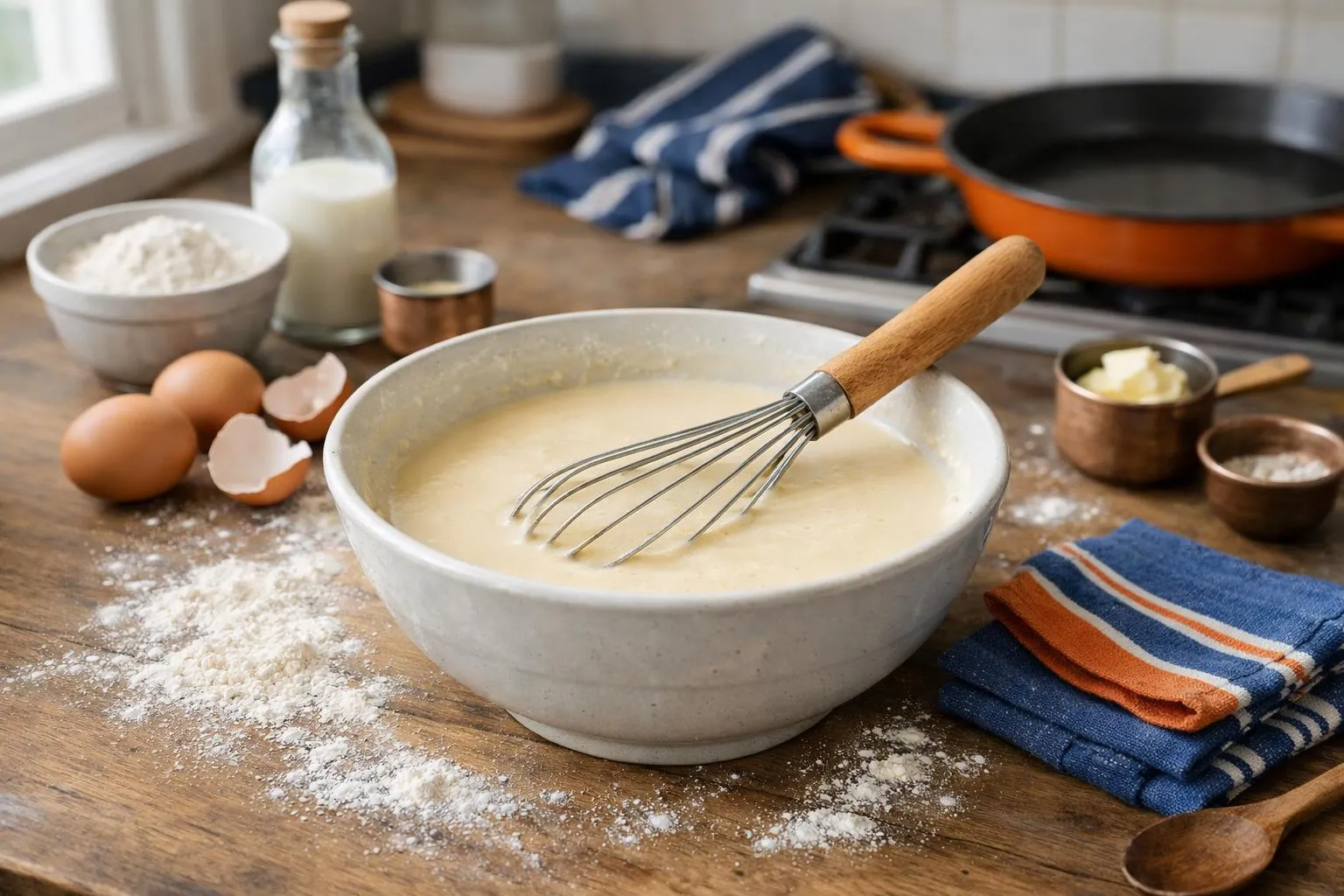Warm kitchen scene showing a ceramic mixing bowl filled with perfectly smooth crepe batter, wooden whisk resting inside, scattered flour on rustic wooden counter, fresh eggs in background, natural morning light streaming through window, soft focus on ingredients like milk bottle and vanilla pod, cozy homemade cooking atmosphere, realistic food photography style, angle at 45 degrees, no text or labels visible