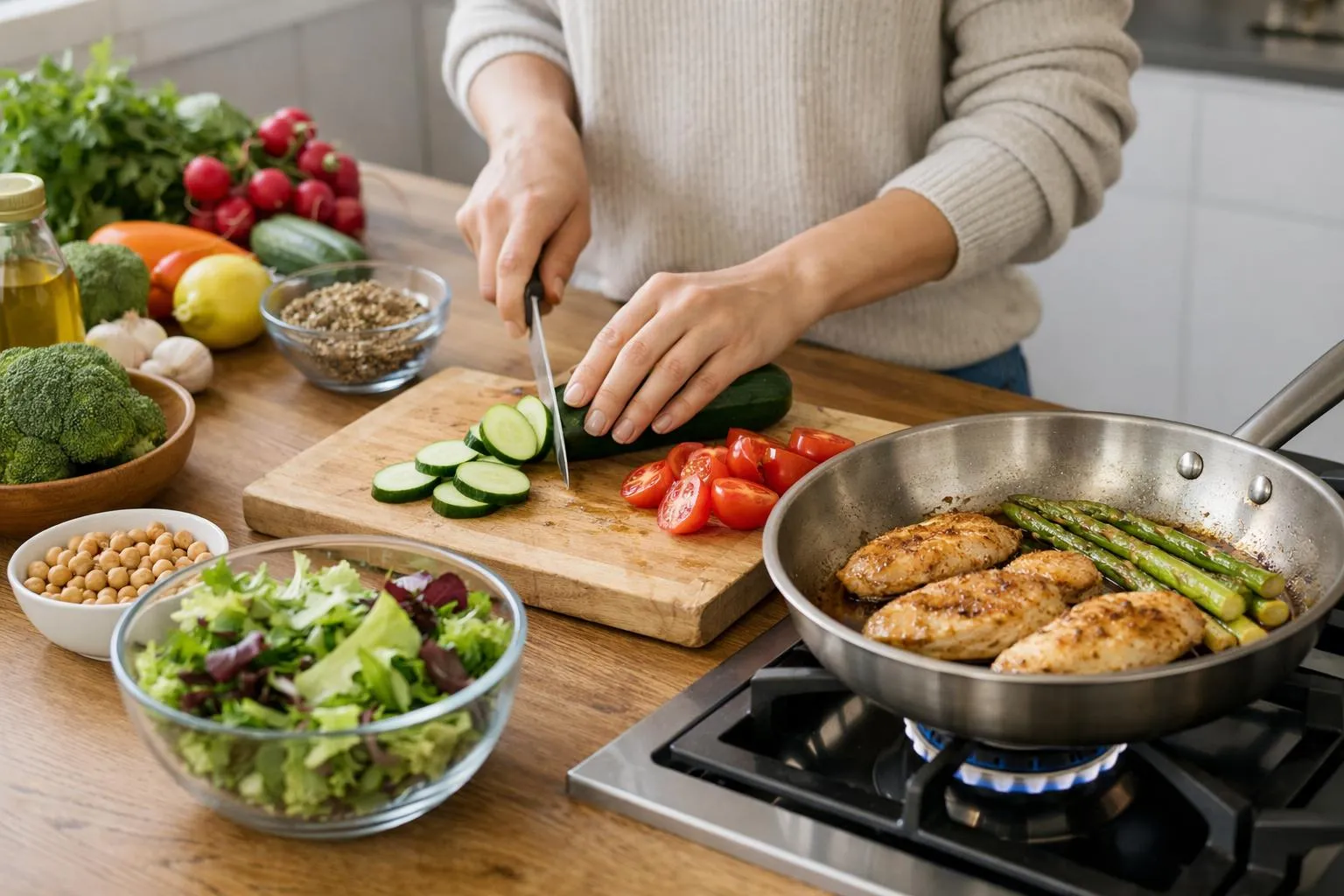 Vue de dessus d'une cuisine moderne avec planche à découper en bois présentant des légumes frais colorés (tomates, poivrons, courgettes), des herbes aromatiques, une poêle fumante sur feu vif avec des pâtes dorées, des mains féminines en train de remuer avec une spatule en bois, lumière naturelle douce provenant d'une fenêtre latérale, ambiance chaleureuse et dynamique du repas en préparation, arrière-plan légèrement flouté montrant des bocaux d'épices, rendu réaliste et appétissant