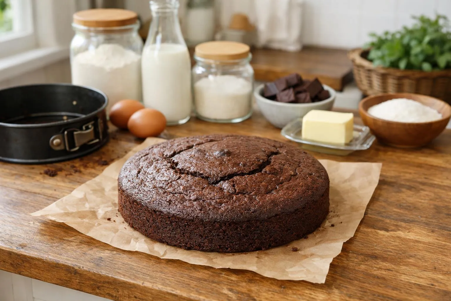Gâteau au chocolat maison fraîchement démoulé sur un plan de travail en bois dans une cuisine française lumineuse, avec des ingrédients simples visibles en arrière-plan (œufs, chocolat noir, farine), ambiance chaleureuse et conviviale, lumière naturelle douce, vue à 45 degrés montrant la texture moelleuse du gâteau, tons naturels et chaleureux