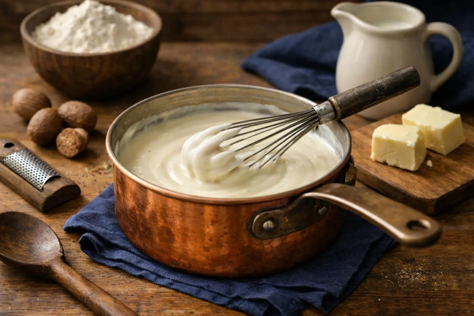 Copper pot with creamy white béchamel sauce being whisked, rustic French kitchen setting with fresh nutmeg, butter blocks, flour jar, and milk pitcher on wooden counter, warm natural lighting, close-up view at 45-degree angle showing smooth sauce texture, vintage cooking utensils, home cooking atmosphere