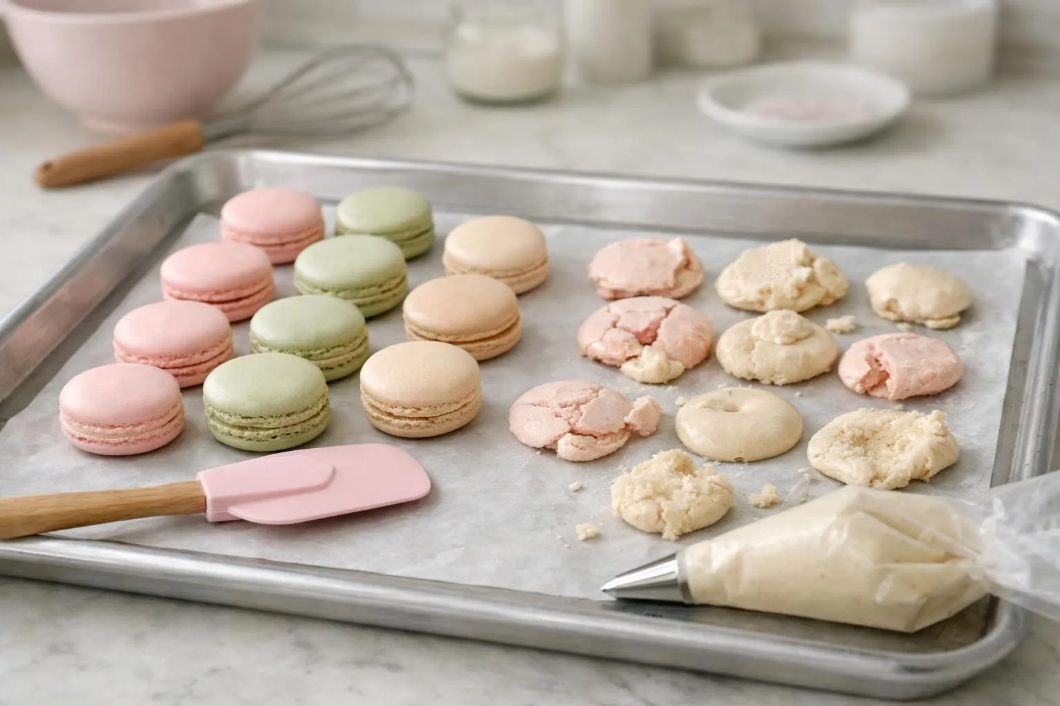 Plaque de cuisson en aluminium dans une cuisine domestique bien éclairée, présentant des macarons à différents stades: certains avec coques lisses et collerette impeccable, d'autres fissurés ou sans collerette, montrant la difficulté technique de la pâtisserie. Spatule et poche à douille visibles, lumière naturelle douce, tons pastel des coques (rose, vert menthe, jaune), ambiance authentique de pâtisserie maison, arrière-plan légèrement flouté avec bol d'ingrédients.