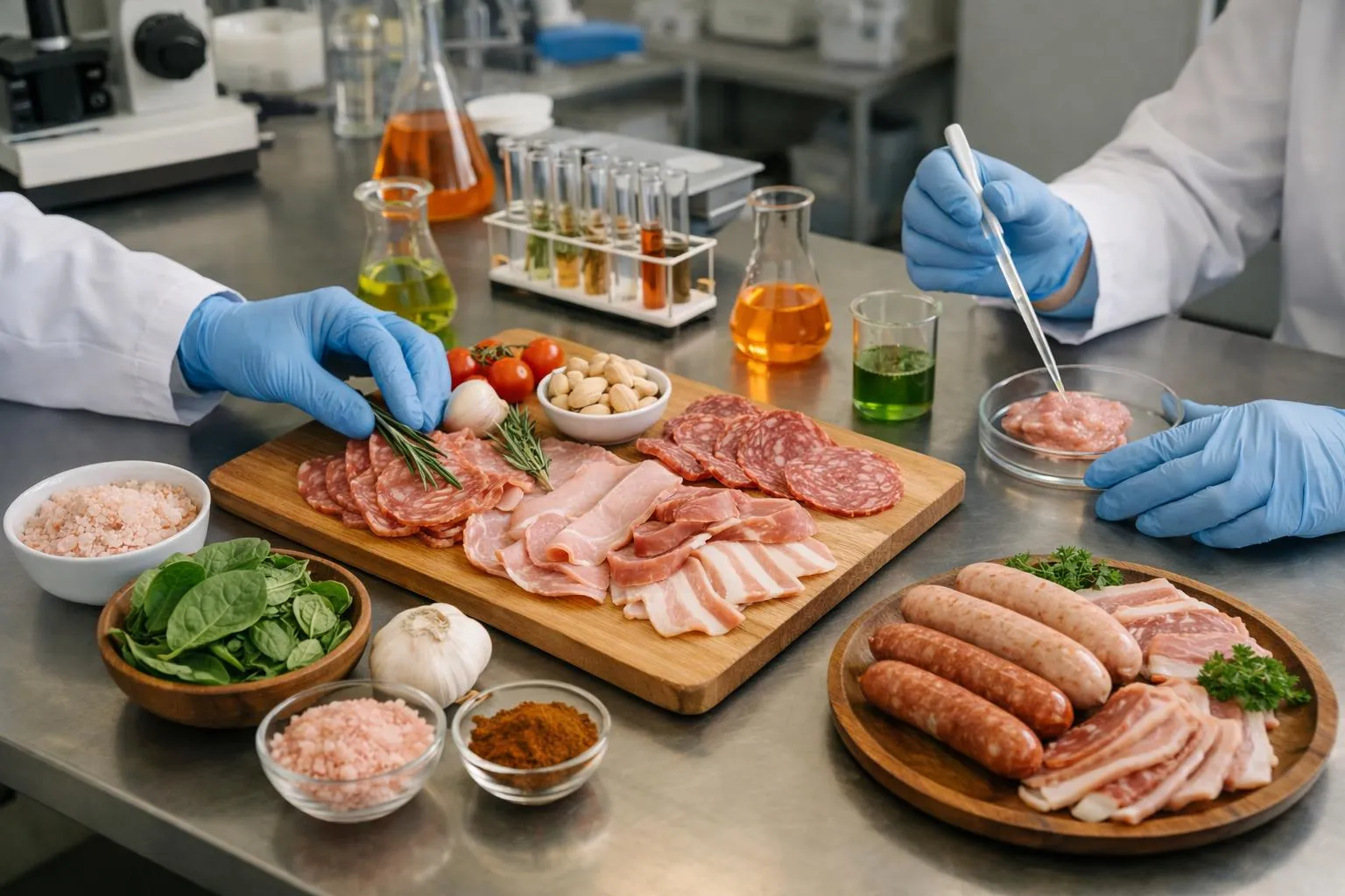 Split composition showing traditional cured ham with chemical formula overlay on left versus modern nitrite-free ham with fresh celery, herbs and natural extracts on right, food laboratory setting with testing equipment, documentary style photography, warm professional lighting, no text or labels