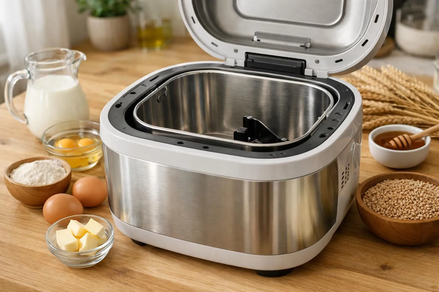 Les 4 meilleures machines à pain cuve inox pour un pain maison Gros plan sur une machine à pain moderne avec cuve en acier inoxydable brillant ouverte, montrant l'intérieur propre et robuste de la cuve, posée sur un comptoir de cuisine contemporain en bois clair avec des ingrédients frais autour (farine, grains de blé, œufs), lumière naturelle douce venant d'une fenêtre, ambiance chaleureuse et familiale, mise au point nette sur la cuve inox, arrière-plan légèrement flouté, sans aucun texte visible