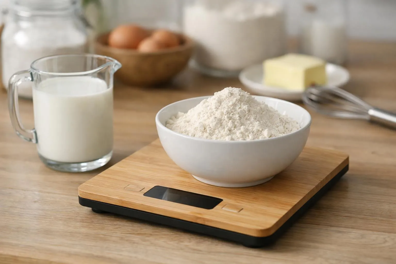 Une balance de cuisine numérique moderne sur un plan de travail en bois clair, avec d'un côté un verre doseur transparent rempli de lait blanc (60 cl visibles sur les graduations), et de l'autre un petit bol posé sur la balance affichant 618 grammes. En arrière-plan légèrement flouté, on aperçoit des ingrédients de pâtisserie (œufs, farine, fouet). Lumière naturelle douce venant d'une fenêtre latérale, ambiance cuisine familiale et chaleureuse, vue à 45 degrés, rendu réaliste et pédagogique.