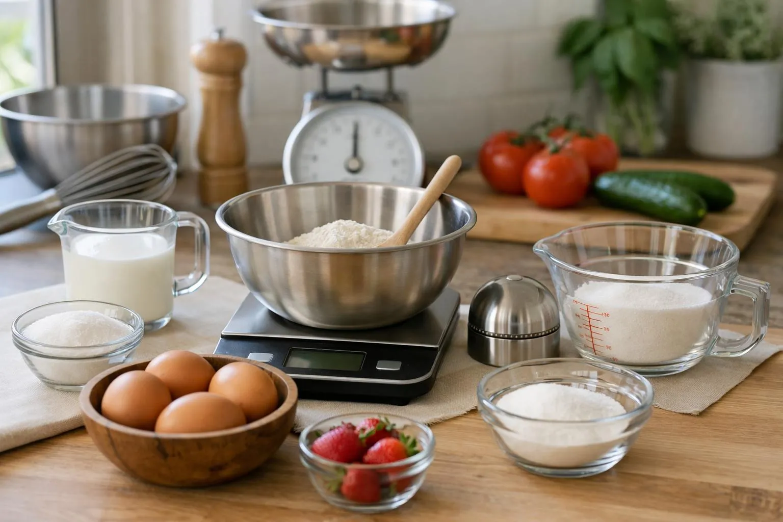 Plan rapproché d'une cuisine moderne avec verre doseur rempli de liquide clair posé à côté d'une balance de cuisine numérique affichant des grammes, arrière-plan montrant des ingrédients frais comme farine, œufs et beurre, lumière naturelle douce venant d'une fenêtre, ambiance chaleureuse et pédagogique, mise au point nette sur les instruments de mesure, rendu réaliste et lumineux