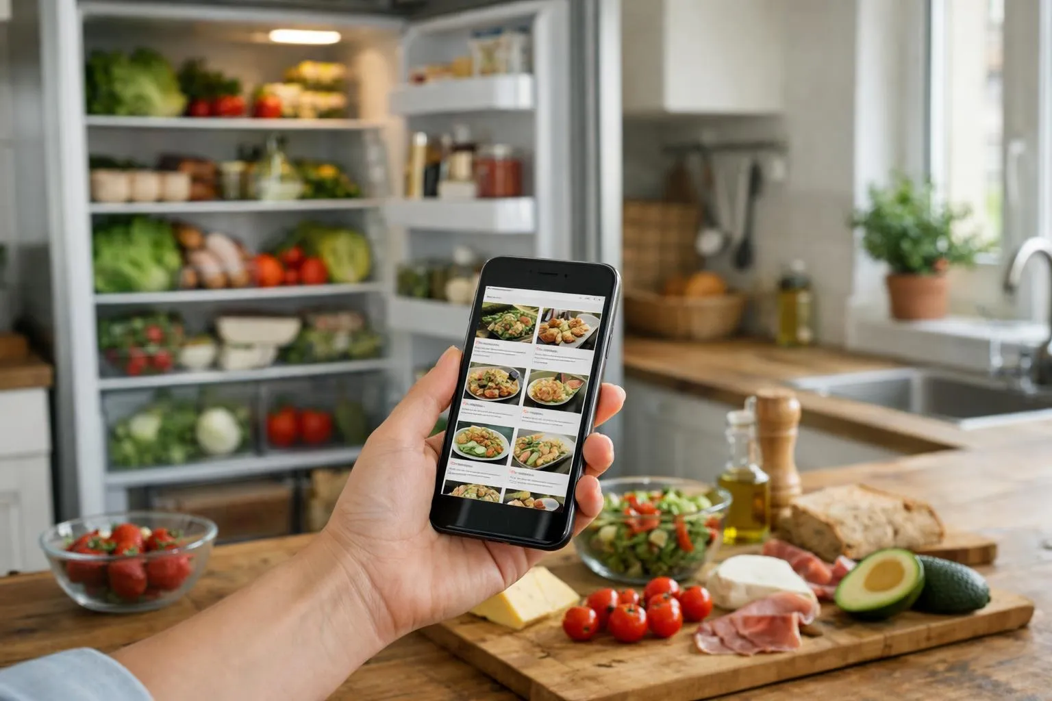 Cuisine lumineuse française avec un réfrigérateur ouvert révélant des ingrédients frais variés (légumes colorés, œufs, herbes aromatiques, fromage) sur les étagères. Au premier plan, une main tenant un smartphone affichant une interface de recherche de recettes. Sur le plan de travail en bois clair, quelques ingrédients sortis du frigo disposés harmonieusement. Lumière naturelle douce venant d'une fenêtre, ambiance matinale conviviale, rendu photographique réaliste avec mise au point nette sur les aliments. Tons naturels et chaleureux, style moderne et familial, aucun texte visible.