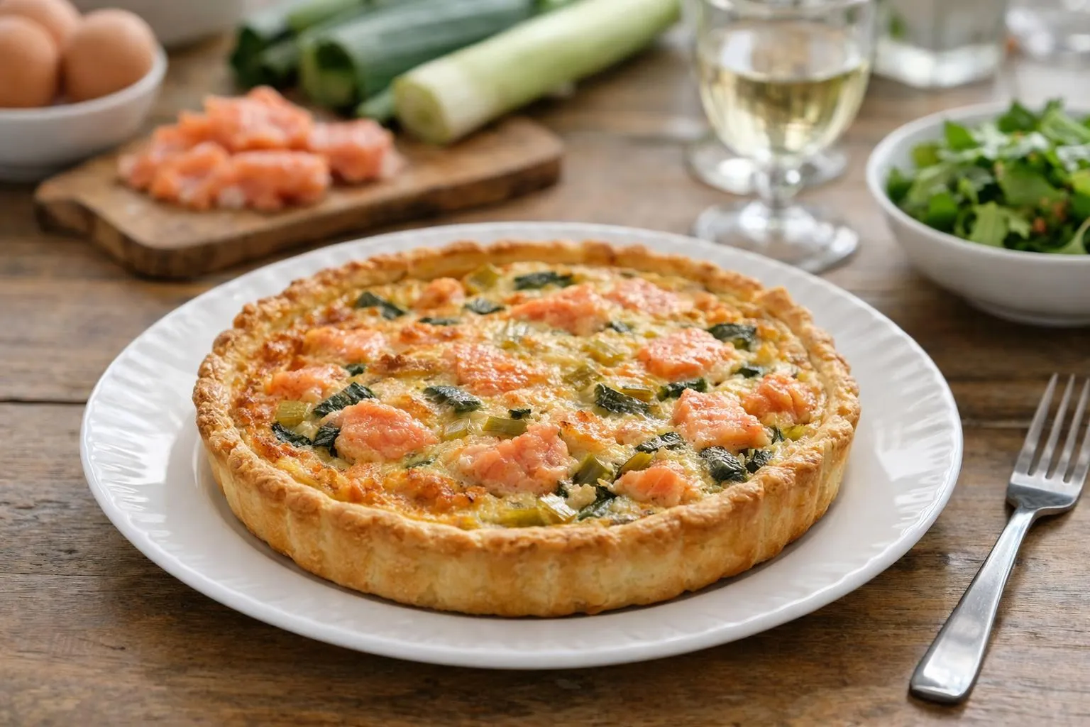 Tarte salée aux légumes et saumon sur une assiette blanche.
