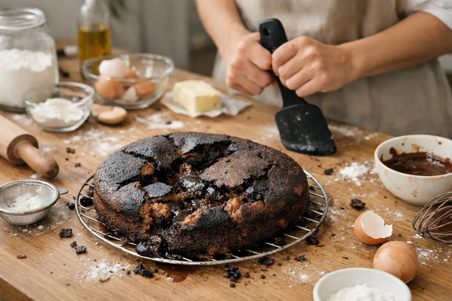 Gâteau au chocolat cuit sur une grille avec des ingrédients de pâtisserie.