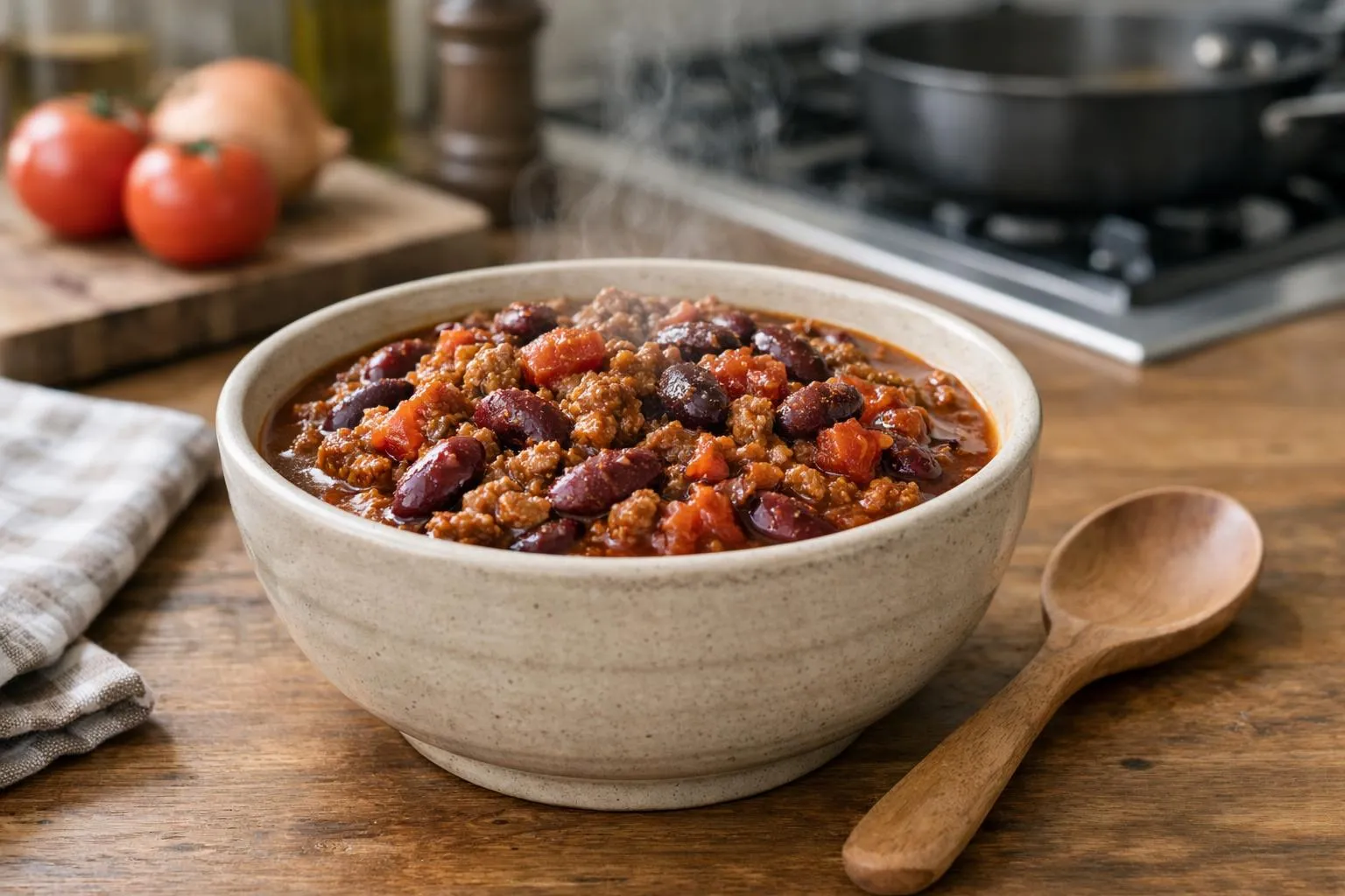 Chili con carne dans un bol en céramique sur une table en bois.