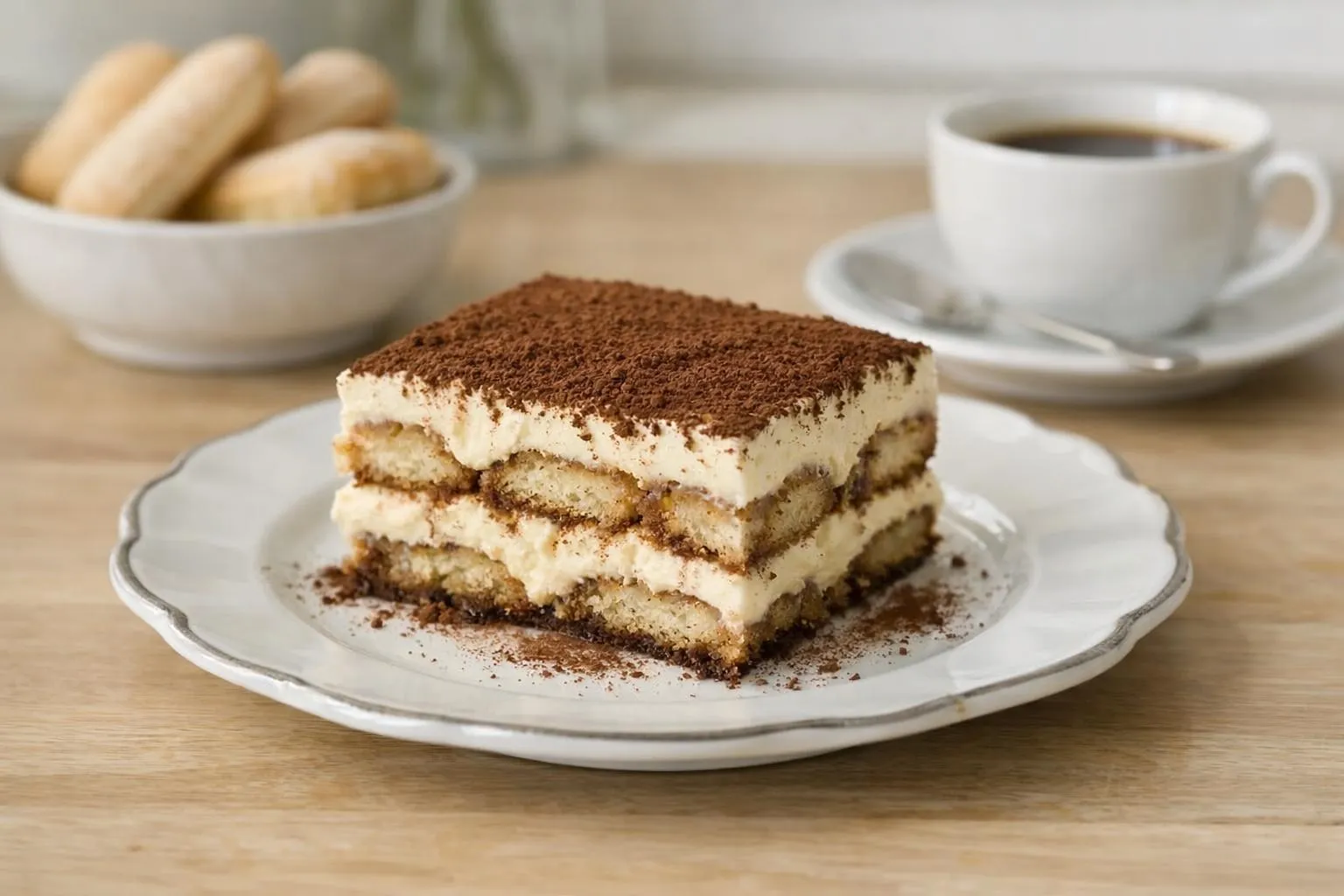 Gâteau tiramisu avec couches de biscuits et crème onctueuse.