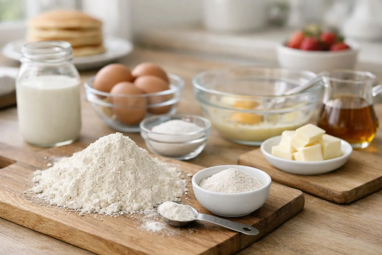Ingrédients pour la préparation de pâtisseries sur une table en bois.
