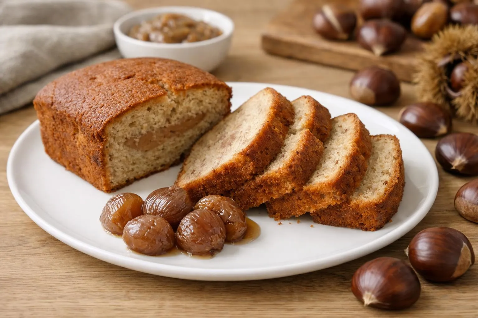 Pain de maïs tranché, accompagné de châtaignes rôties et d'une compote.
