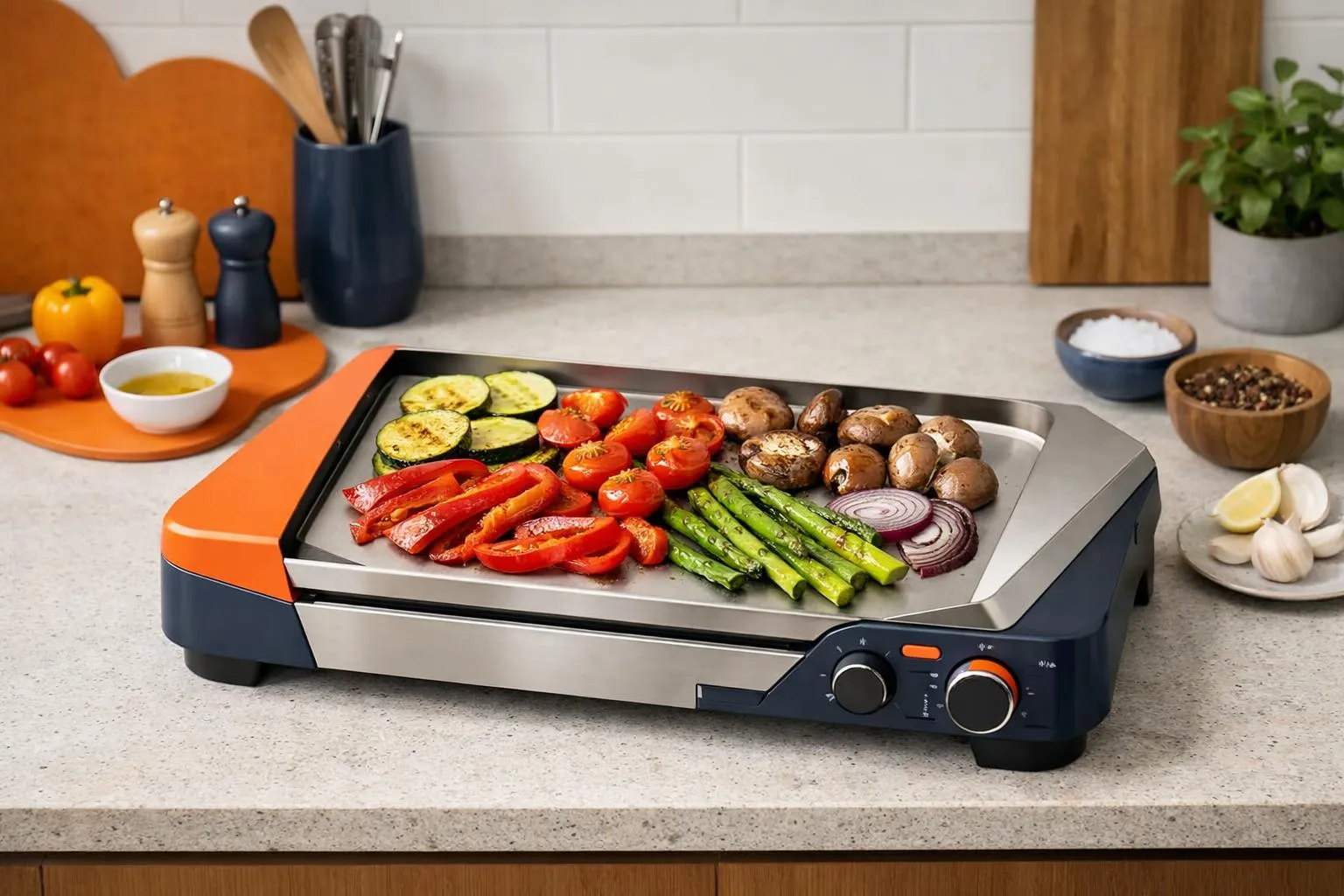 Plateau de légumes grillés sur une plaque de cuisson électrique.
