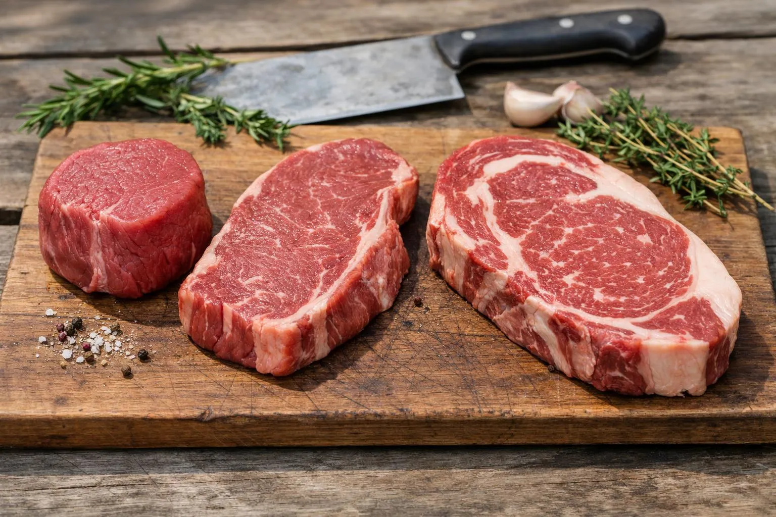 Morceaux de viande de bœuf crus avec épices et ustensiles de cuisine.