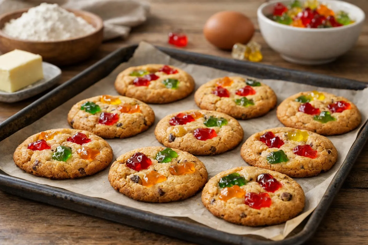 Biscuits aux fruits colorés sur une plaque de cuisson.