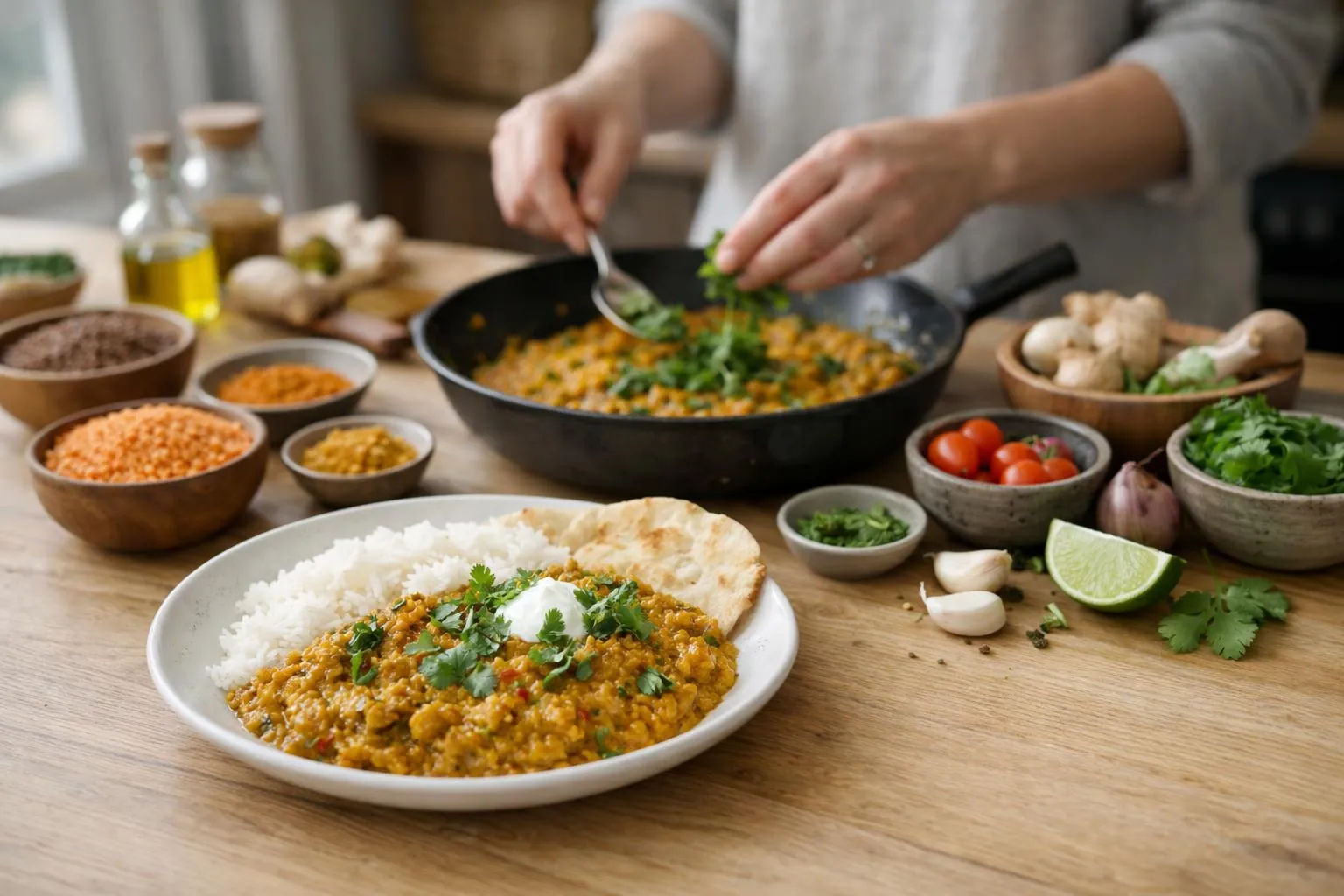 Plat de curry végétarien avec riz, légumes et épices.