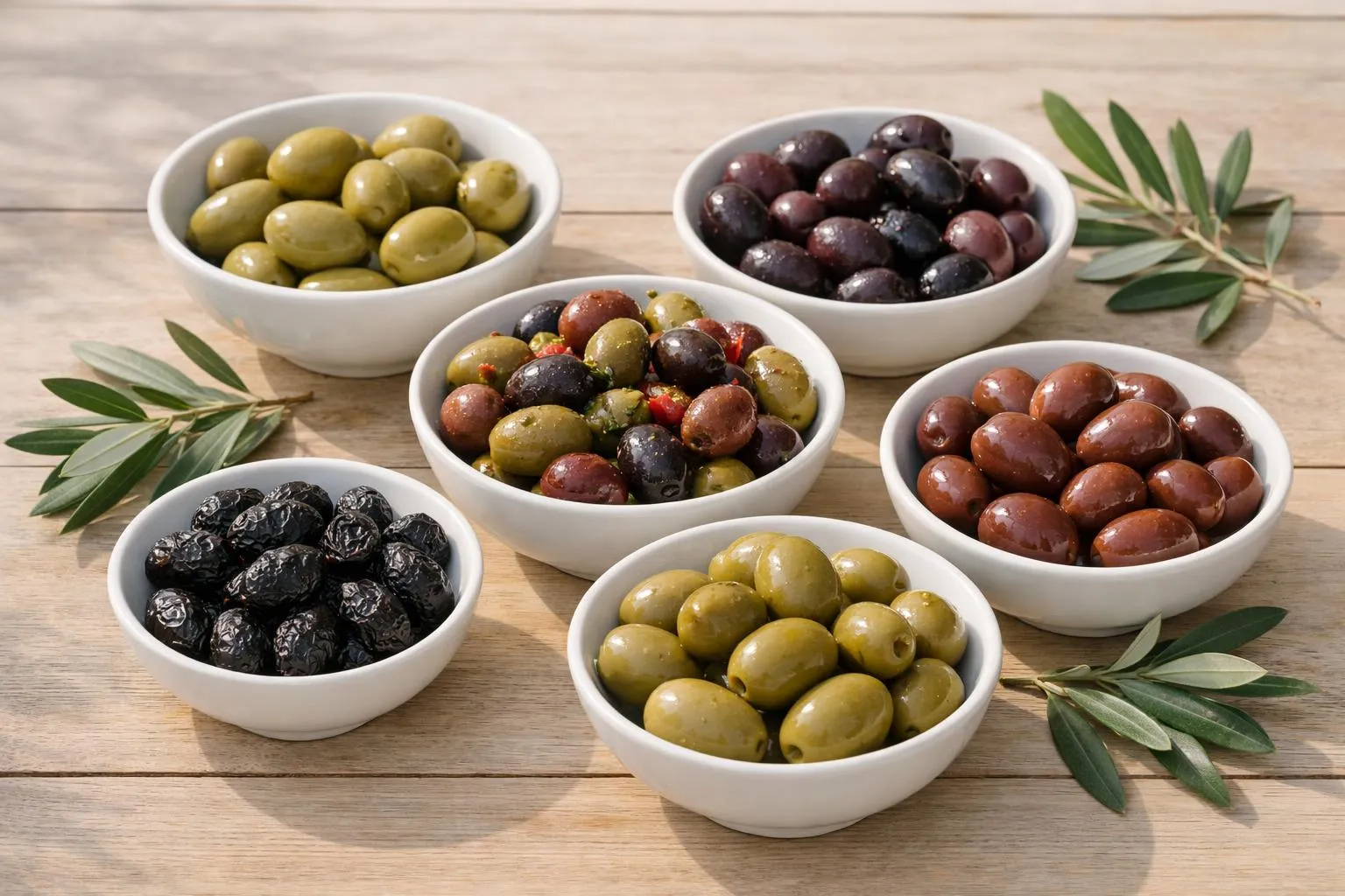 Assortiment d'olives vertes, noires et marinées dans des bols blancs sur une table en bois.